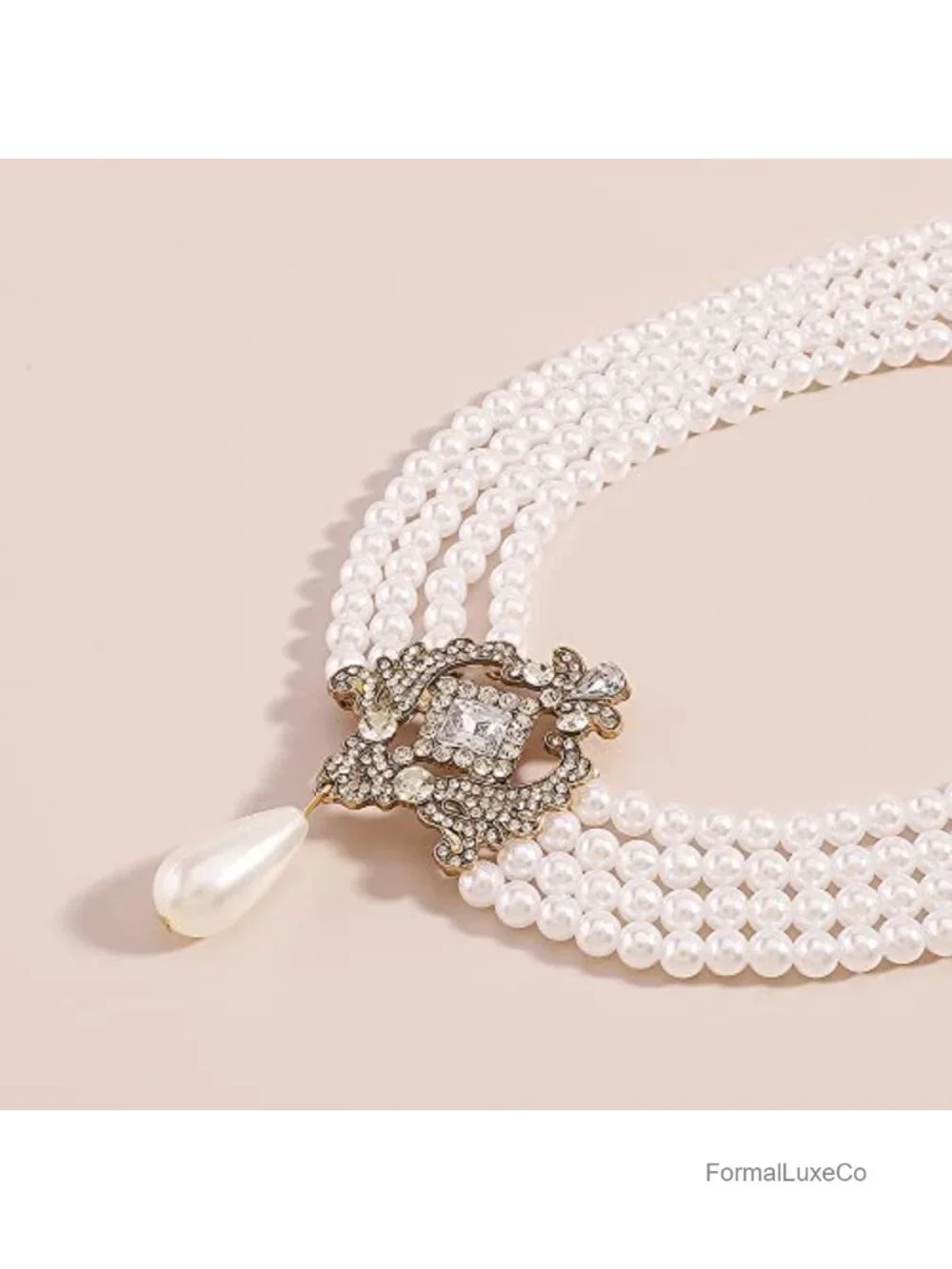 Vintage 1920s Bridal Choker Necklace Layered Tassels Rhinestone Pearl